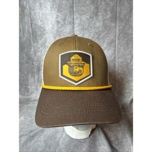 SMOKEY THE BEAR TRUCKER HAT Tan‎ BRN Yellow Curved Bill Snapback Mesh PreOwned
